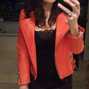 BARBARA BUI Leather Moto Jacket Coral Orange XS